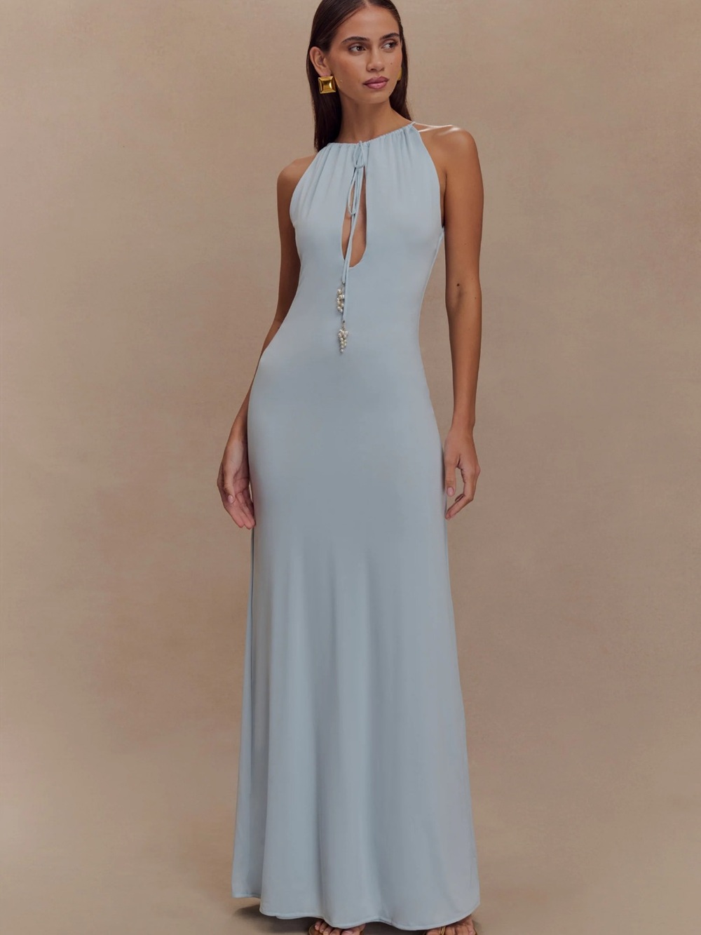 Meshki Beryl Slinky Maxi Dress with Pearls in Pale Blue